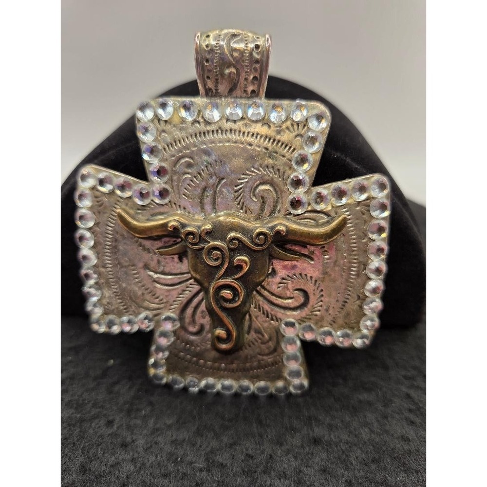 Vintage Western Brass-tone Longhorn Steer Skull Center Cross Pendant